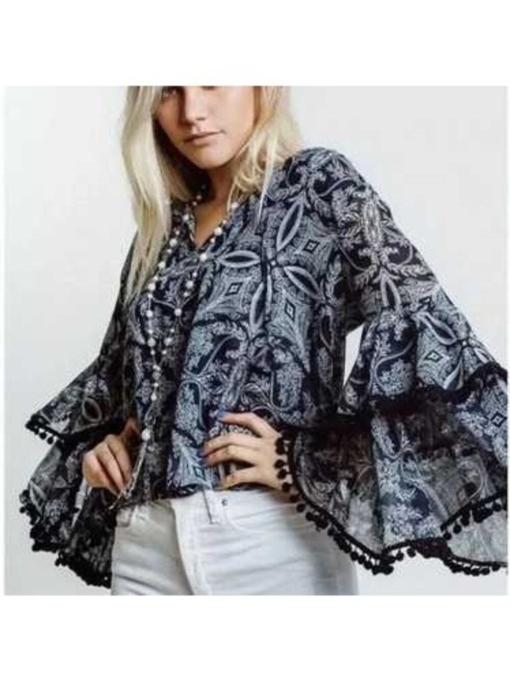 MISA Los Angeles Maya Peasant Top Sz S Paisley Bell Sleeves‎ Pom Pom Trim Blue